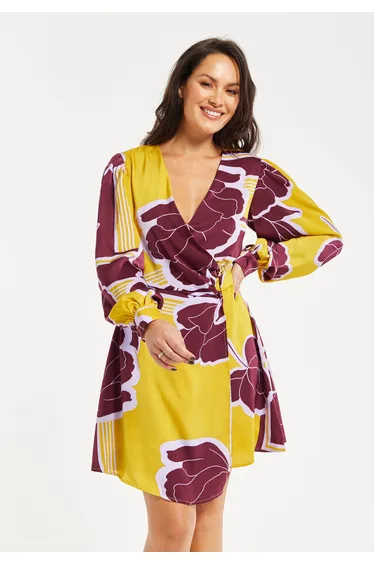 Women's Mini Dress with Long Balloon Sleeves in Yellow and Burgundy Geometric Floral Print