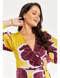 Women's Mini Dress with Long Balloon Sleeves in Yellow and Burgundy Geometric Floral Print - 6