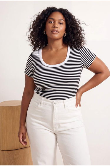 Navy Blue-White Striped Pool Collar Fitted/Fitted Plus Size T-Shirt