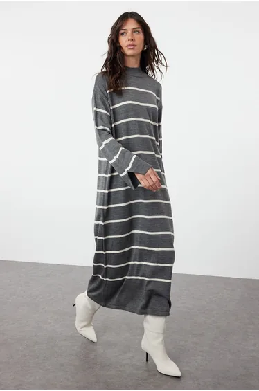Anthracite Striped Slit Detailed Knitwear Dress