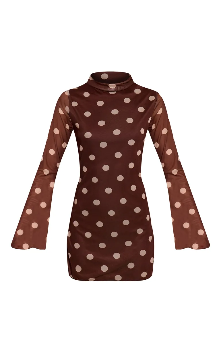 brown polka dot shift dress Chocolate boohoo Polka Dot Trim Detail Halterneck Shift Dress