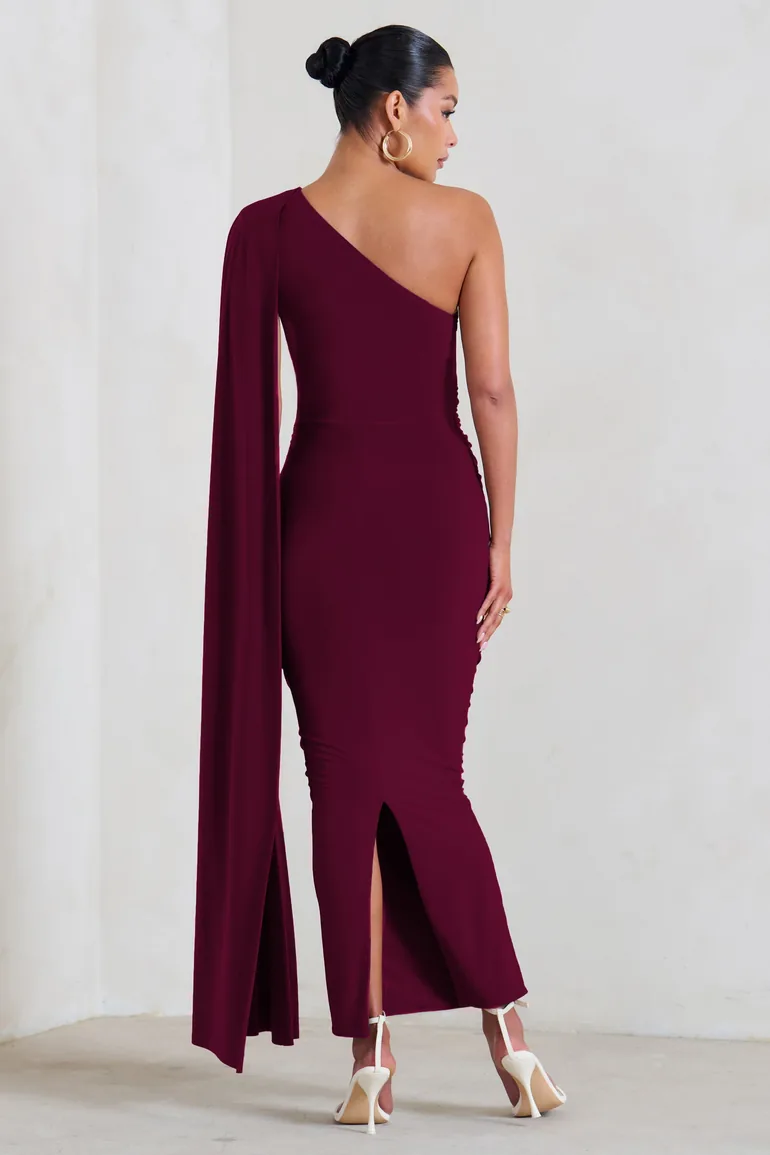 Amaryllis | Burgundy Maternity One Shoulder Maxi Dress with Cape Sleeve - 1