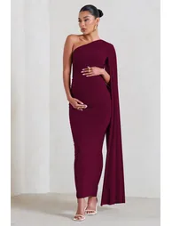 Amaryllis | Burgundy Maternity One Shoulder Maxi Dress with Cape Sleeve