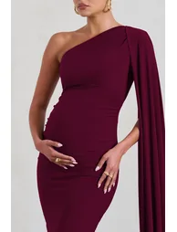 Amaryllis | Burgundy Maternity One Shoulder Maxi Dress with Cape Sleeve - 2