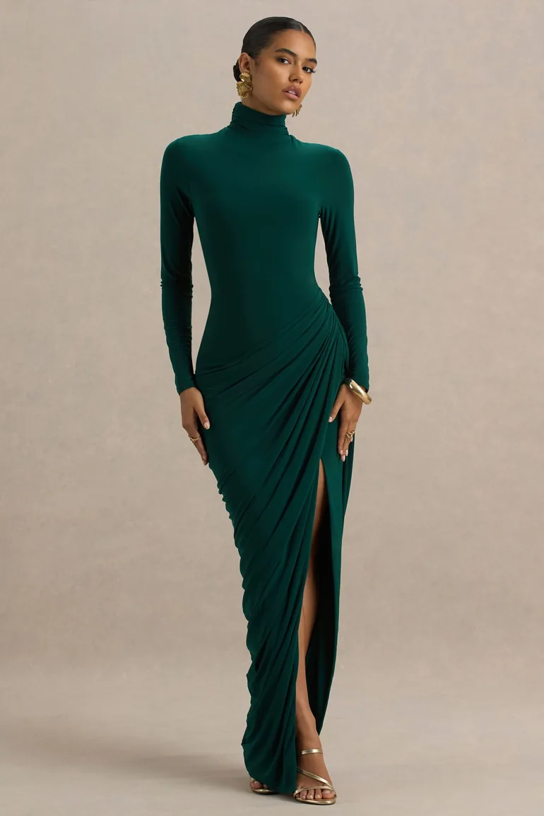 Betsy | Bottle Green High-Neck Maxi Dress With Front Split And Ruched Detailing - 3