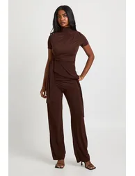 Textured Grown On Neck Drape Tie Top and Straight Leg Trouser Coord - chocolate