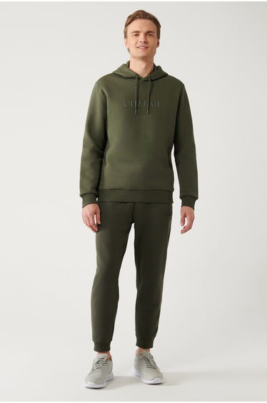Men's Khaki Hooded 3 Thread Raised Printed Hoodie