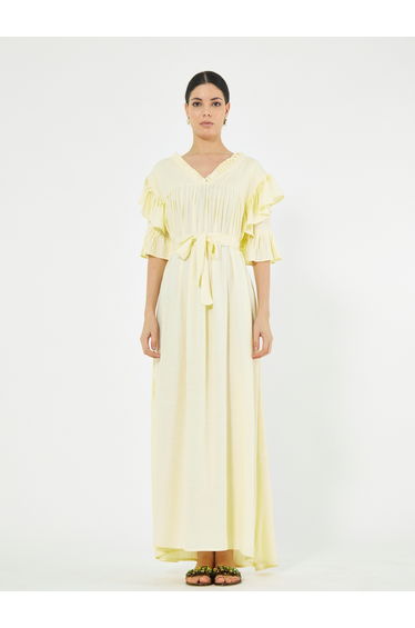 Pleated Collar Detail Maxi Dress with Self-Tie Waist