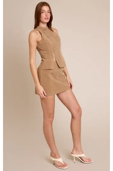 Tan Faux Suede Zip Up Mini Dress