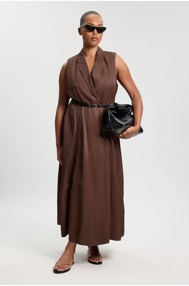 Plus Size Premium Viscose Linen Tailored Belted Full Skirted Midi Dress