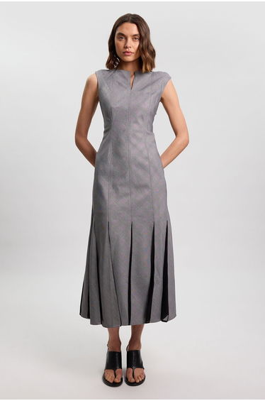Soft Tailored Check Godet Detail Midi Dress