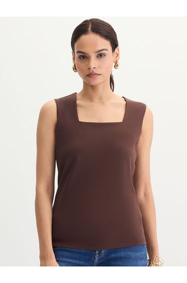 Coffee Brown Square Neck Sleeveless Top