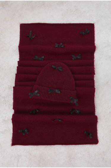 Soft Textured Ribbon Detailed 2-Piece Scarf-Beret Set