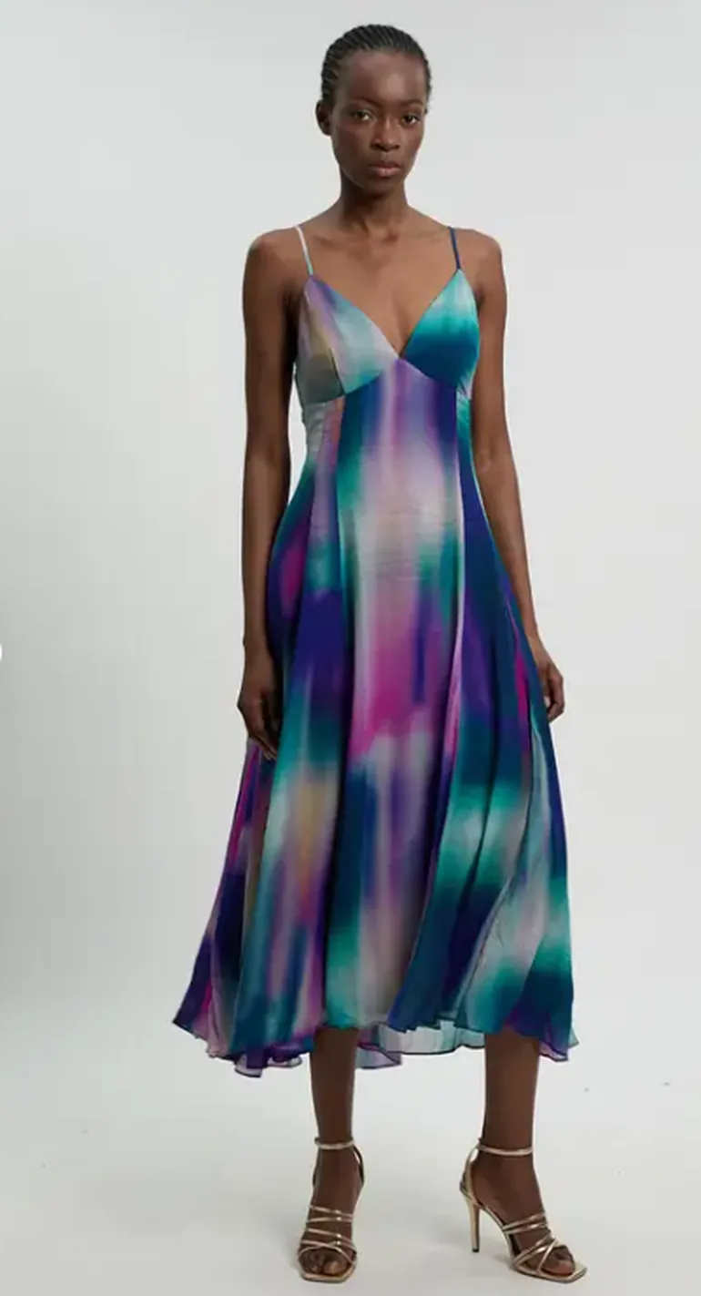 Crinkle Georgette Strappy Blur Print Woven Midi Dress