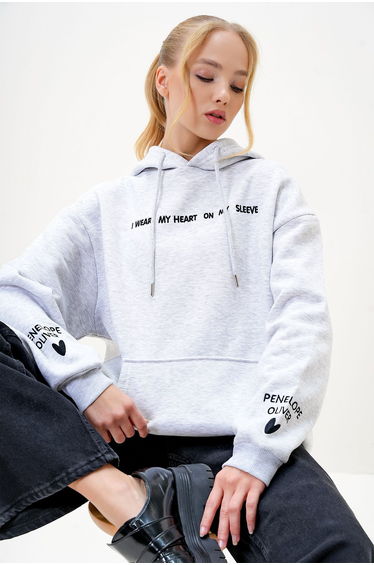 Women's Greymelanj Hooded Front and Sleeves Embroidered 3 Thread Raised Sweatshirt
