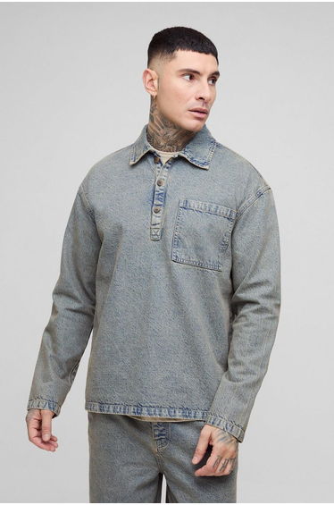 Tall Oversized Denim Rugby Shirt - antique wash