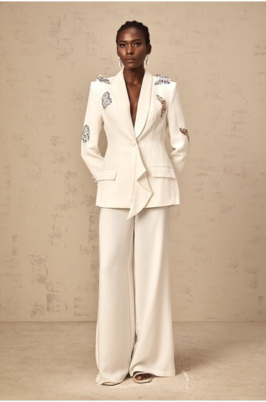 Céleste white butterfly-appliqué embellished blazer & trousers matching set