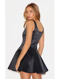 Black Satin Square Neck Pleated Shift Dress - 1