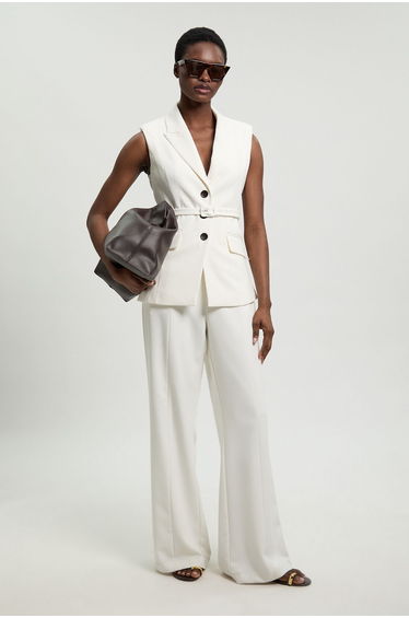 Tailored Structured Crepe Belted Sleeveless Blazer