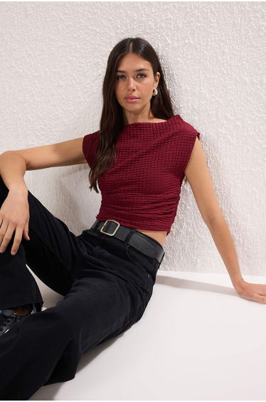 Claret Red Textured Boat Neck Gathered Sleeveless Flexible Knitted Blouse