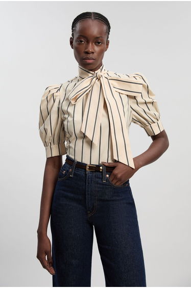 Mono Stripe Cotton Bow Puff Sleeve Woven Blouse