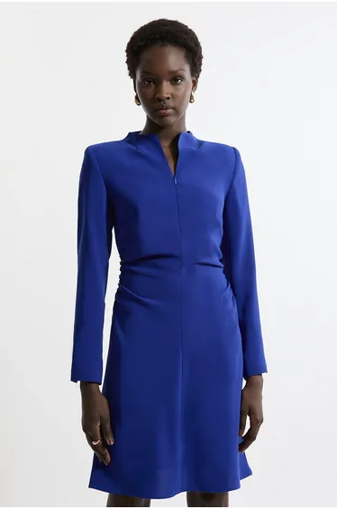 Soft Tailored Ruched Waist Long Sleeve Mini Dress