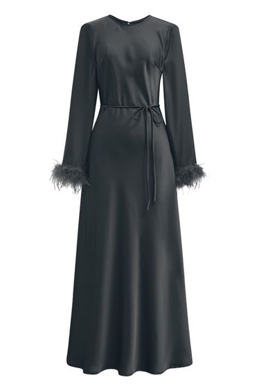 Feathered Cuffs Tie-Waist Satin Maxi Dress in Smoke
