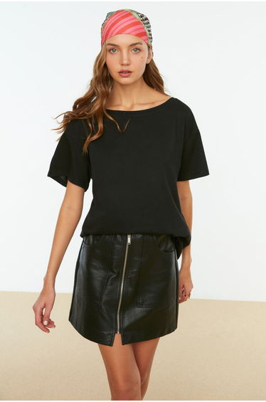 Black 100% Cotton Oversize/Wide Fit Boat Neck Knitted T-Shirt