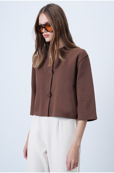Women's brown covered button crew neck special design crop jacket