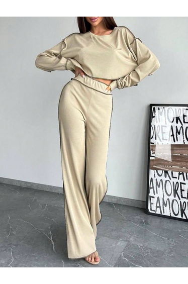 Beige Long Sleeve Top and Straight Leg Pants Co-Ords