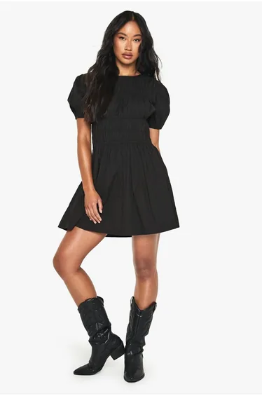 Cotton Poplin Shirred Mini Dress - black