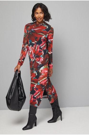 Black Floral Mesh High Neck Midi Dress