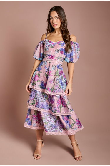 Cold Shoulder Printed Organza Lace Midi Dress