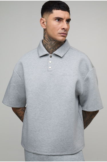 Tall Oversized Boxy Bonded Scuba Rugby Polo - grey marl