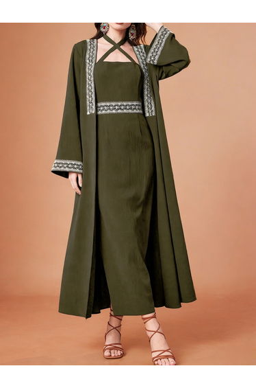 Dark Green Embroidered Abaya with Dress Modest Set