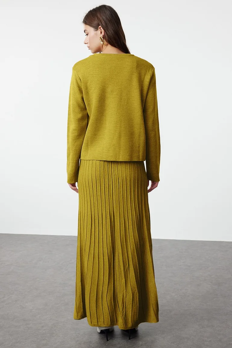 Oil Green Button Cardigan-Skirt Knitwear Bottom-Top Set - 4