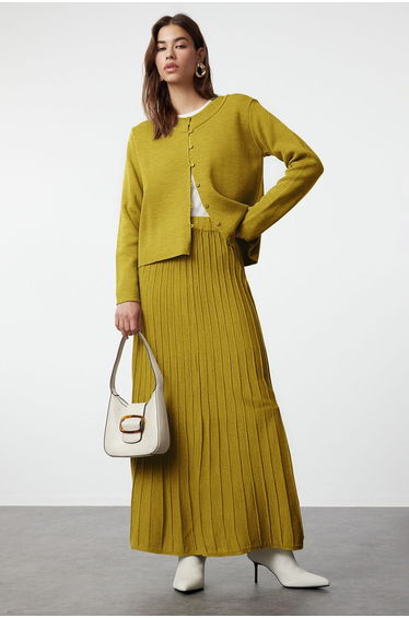 Oil Green Button Cardigan-Skirt Knitwear Bottom-Top Set