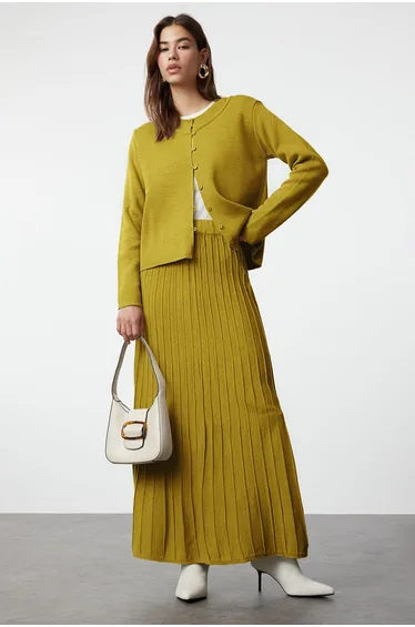 Oil Green Button Cardigan-Skirt Knitwear Bottom-Top Set