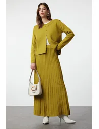 Oil Green Button Cardigan-Skirt Knitwear Bottom-Top Set