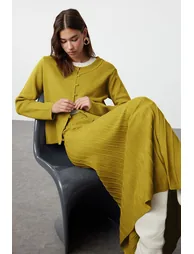 Oil Green Button Cardigan-Skirt Knitwear Bottom-Top Set - 1