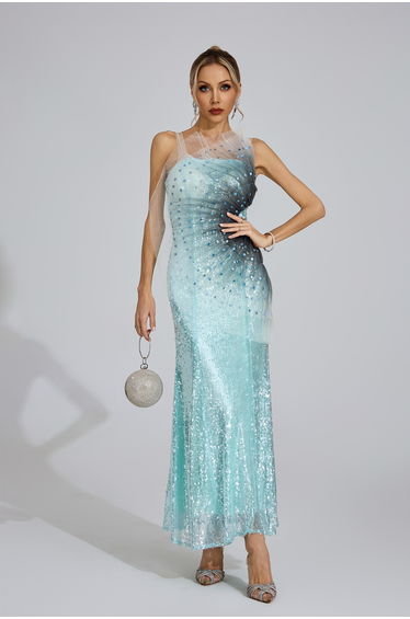 Rhonwen Lake Blue Sequined Maxi Dress