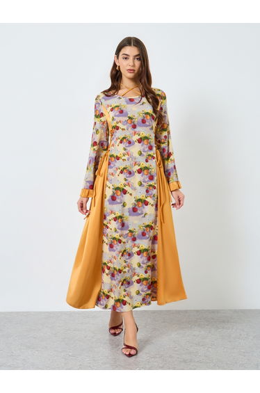 Floral Printed Tie-Up Neck Ruffle Maxi Dress
