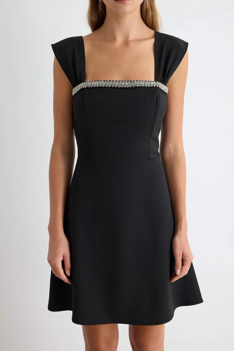Black Square Neckline Stone Accessory Detailed A-Line/A-Line Shape Short / Mini Woven Dress - 2