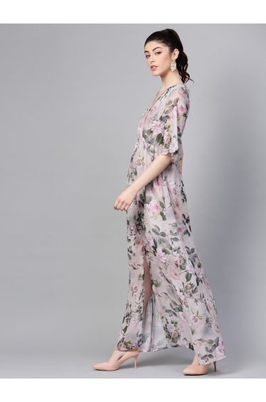V Neck Floral Print Maxi Dress with Front Slit