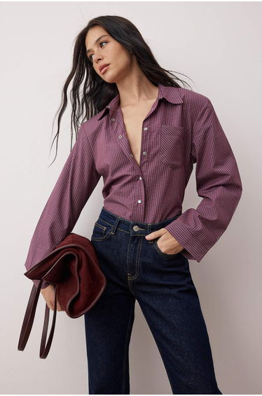 Burgundy-multicolor checkered padded oversize shirt with wide cuffs