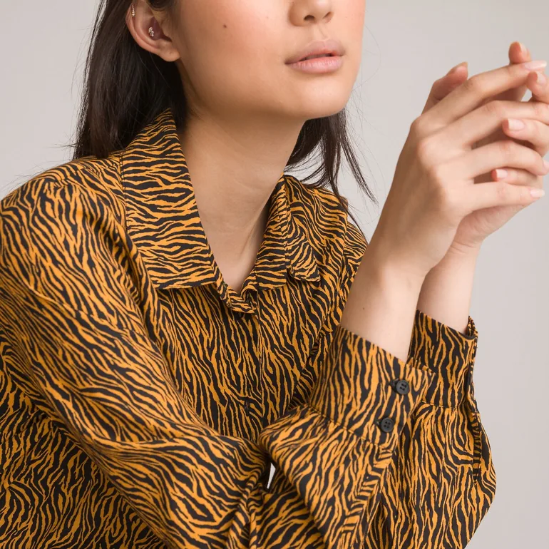 Animal Print Shirt Dress with Long Sleeves - 2