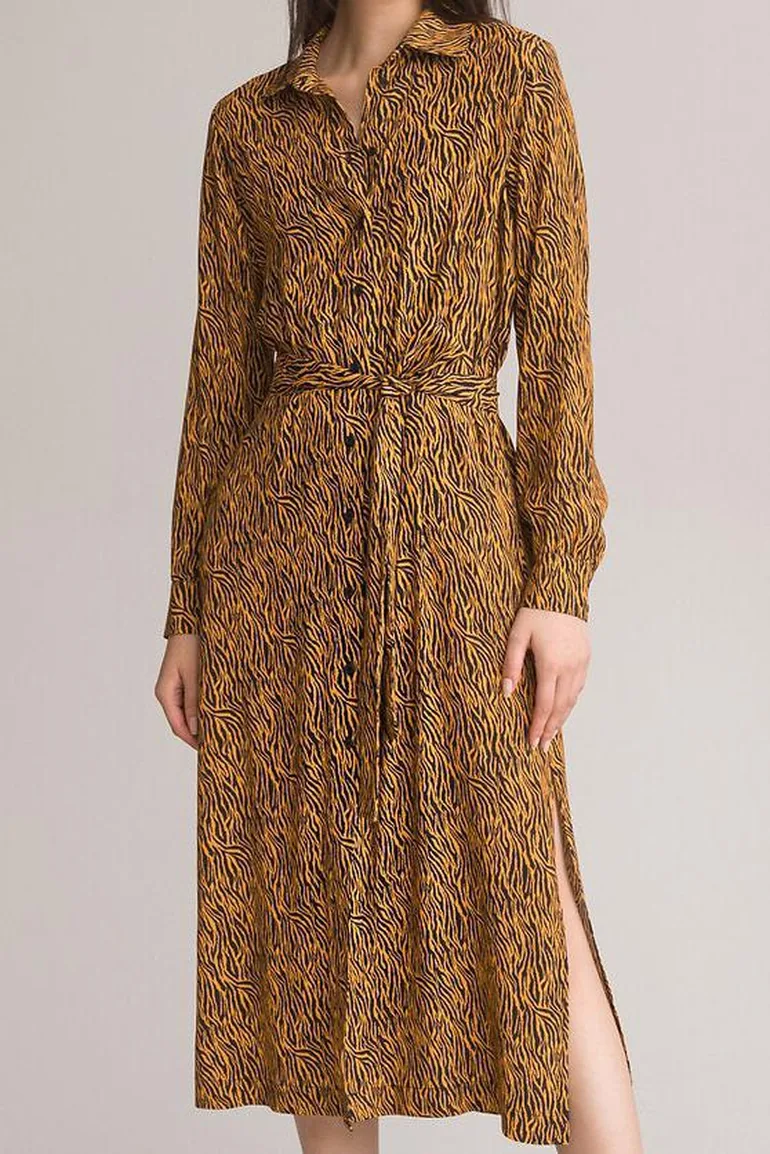 Animal Print Shirt Dress with Long Sleeves