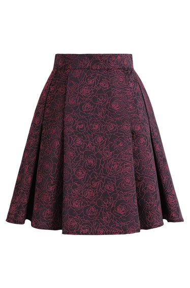 Artistic Rose Embroidery Pleated Flare Mini Skirt in Red for Travel Days & Weekend Brunch