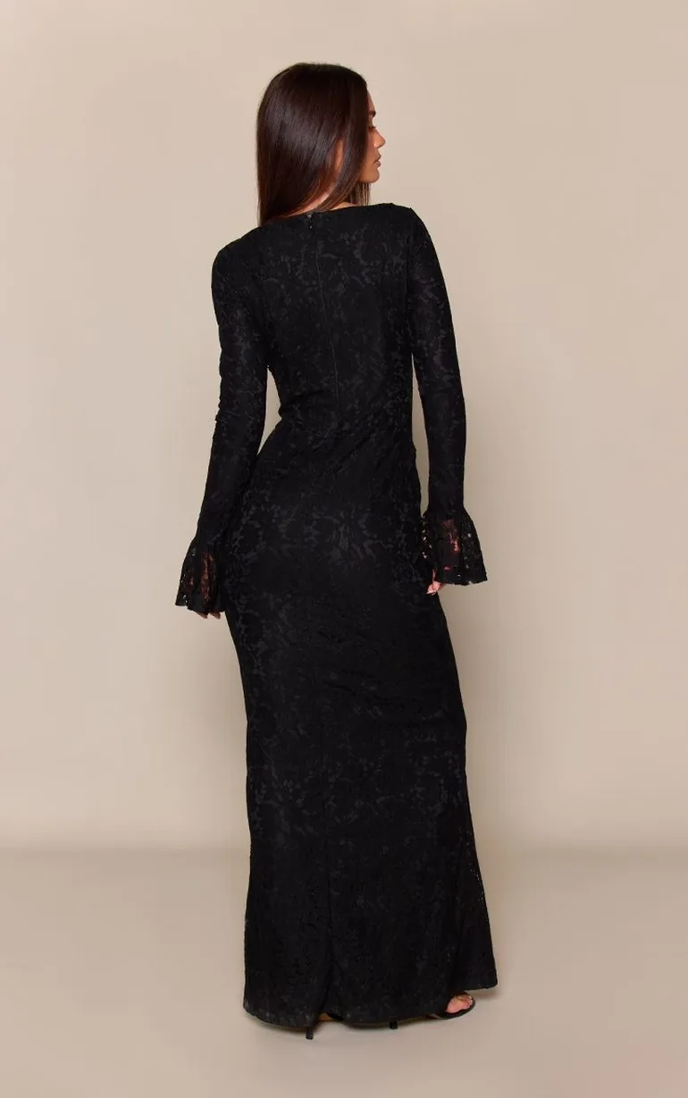 Black Lace Keyhole Long Flared Sleeve Maxi Dress - 1