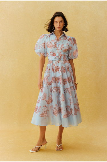 Forevermore Blue Paisley Print Puff Sleeve Midi Dress